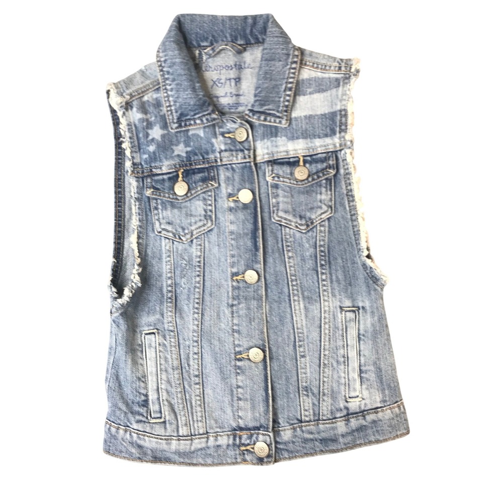Aeropostale Denim Vest Womens XS Blue Stars Stripes Distressed Americana Trucker